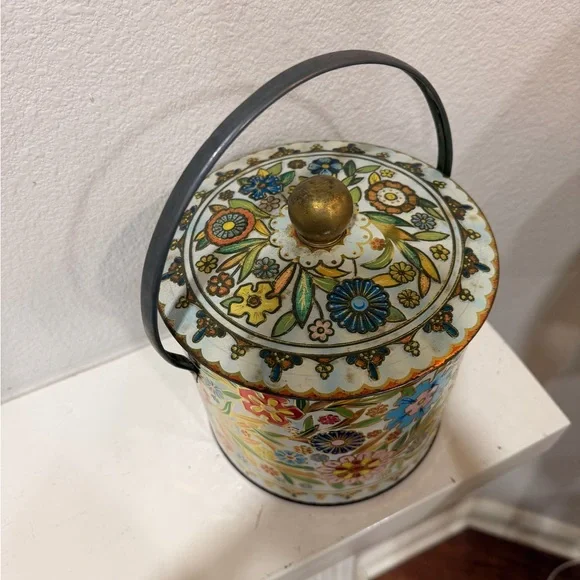 Vintage Daher Floral Tin Container England Metal Ice Bucket Style - Picture 2 of 5